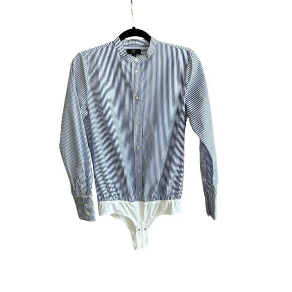 J. Crew 365 Blue Perfect Striped Stretch Band Collar Bodysuit Size 4 - Picture 1 of 9